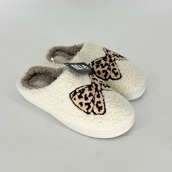 MIA Shoes - Mia Cozi Bow Slipper Cream Leopard Women Size 6 Faux Fur Loungewear Cozy Warm